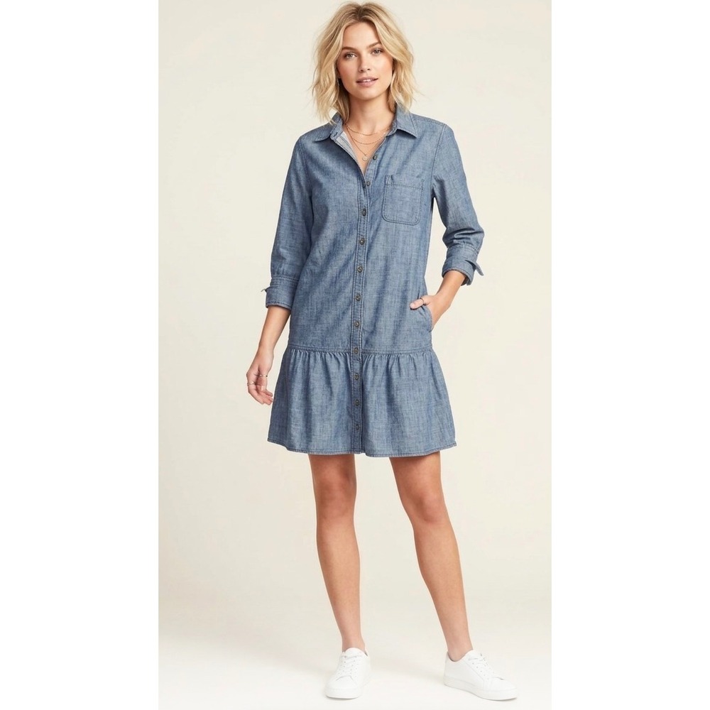 Gap Womens Blue Chambray Cotton Drop Waist Ruffle Hem Shirt Dress Size M